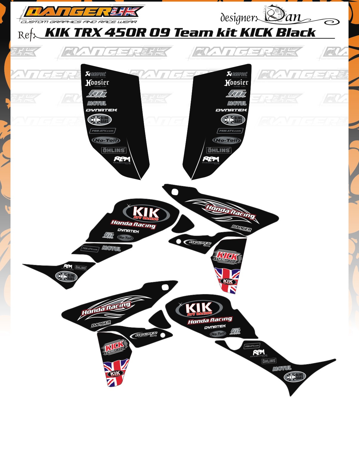 KIK 09 Decal Kit- Honda TRX450R Graphics kit- Alterations can be Made- Used on KIK Race Team Bikes  
